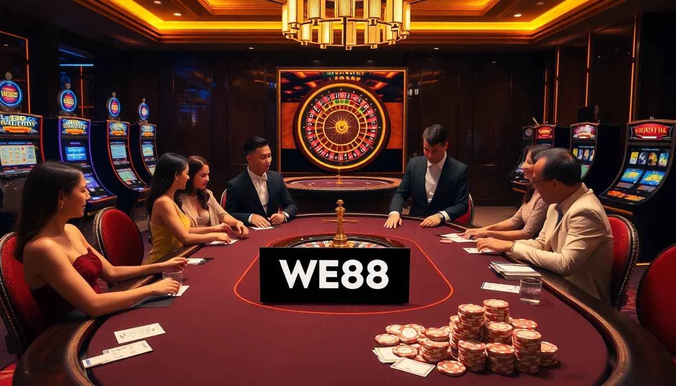 Experience thrilling gameplay at WE88 with vibrant casino elements, elegant tables, and colorful chips.