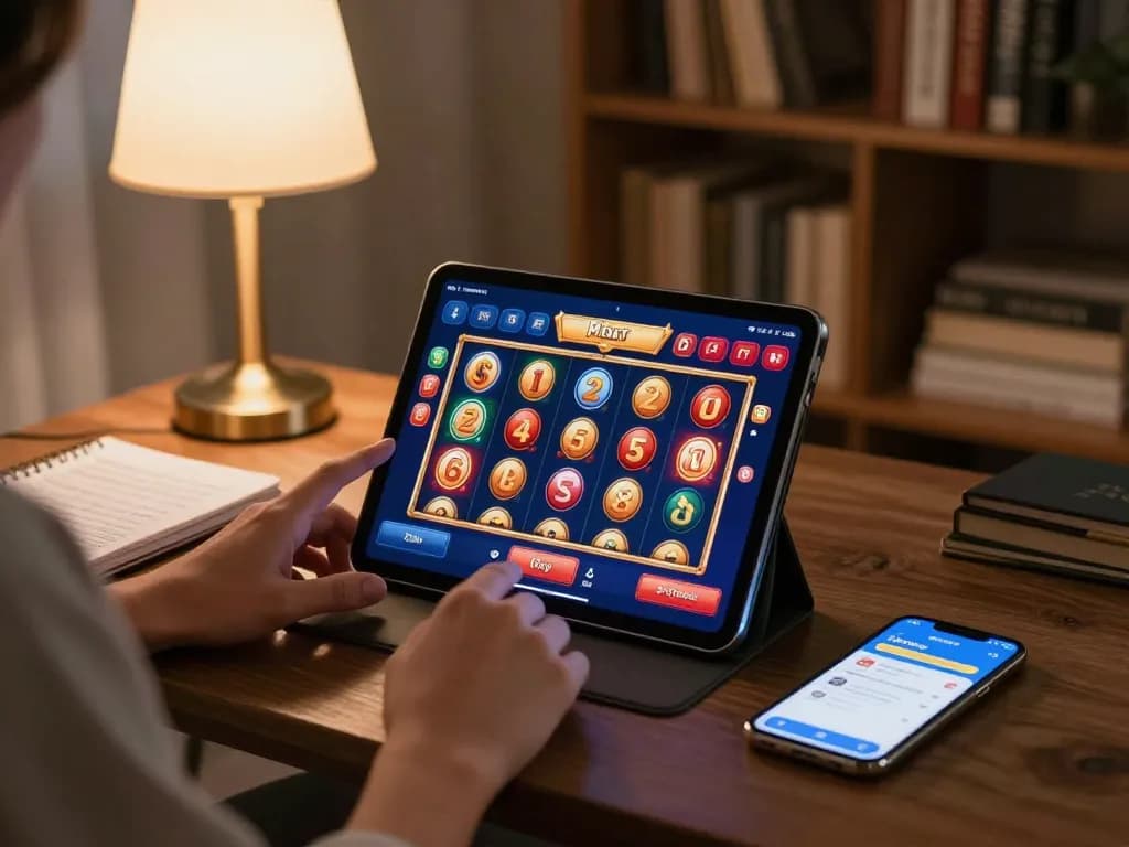 Player using 8day app on tablet in cozy home setting, with a focus on online casino gaming.