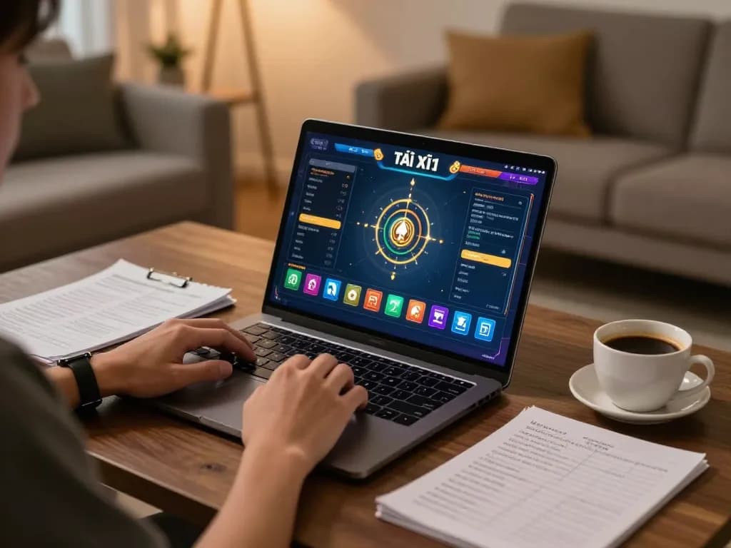 Tài Xỉu gameplay on a laptop in a cozy home setting, highlighting strategic betting.