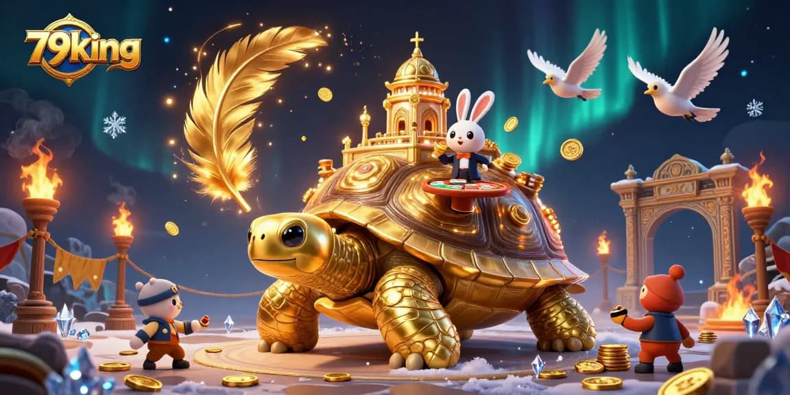 Experience the excitement of 79king casino with golden coins flying around a giant tortoise.