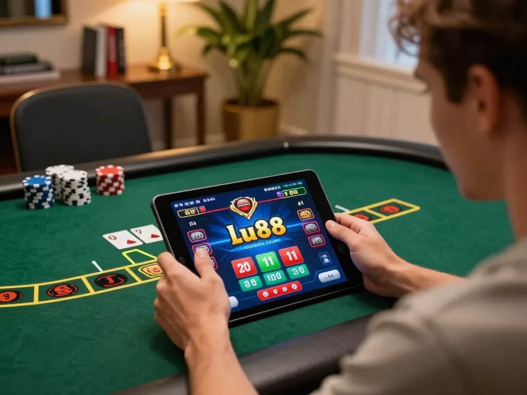 Engaged player enjoys lu88 online casino games on a tablet in a cozy home setting