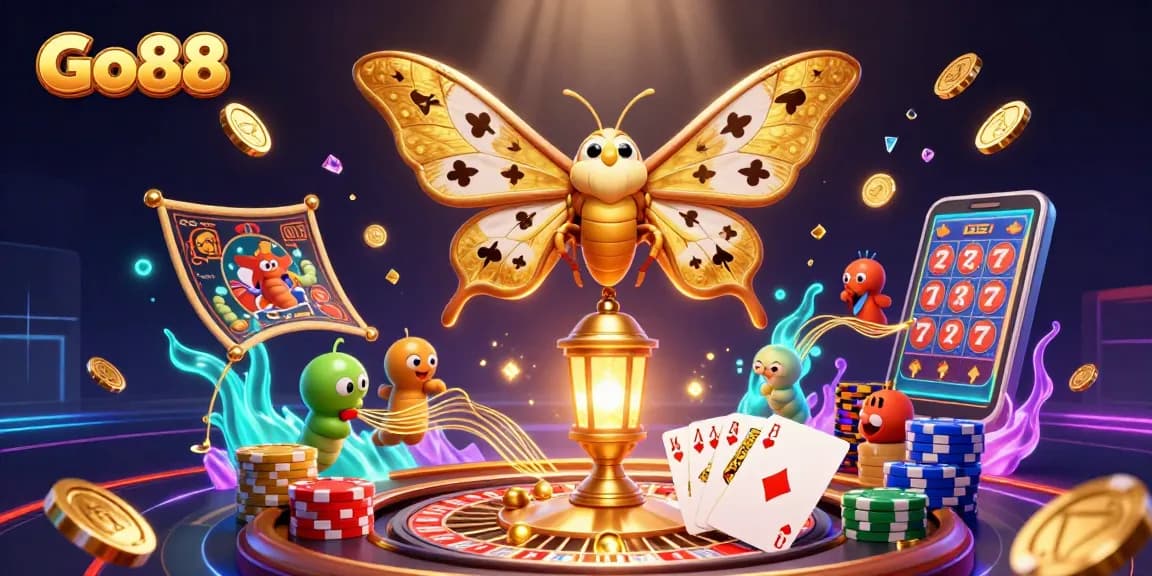 Play exciting casino games on Go88 with vibrant 3D illustrations of winning elements and animated characters.