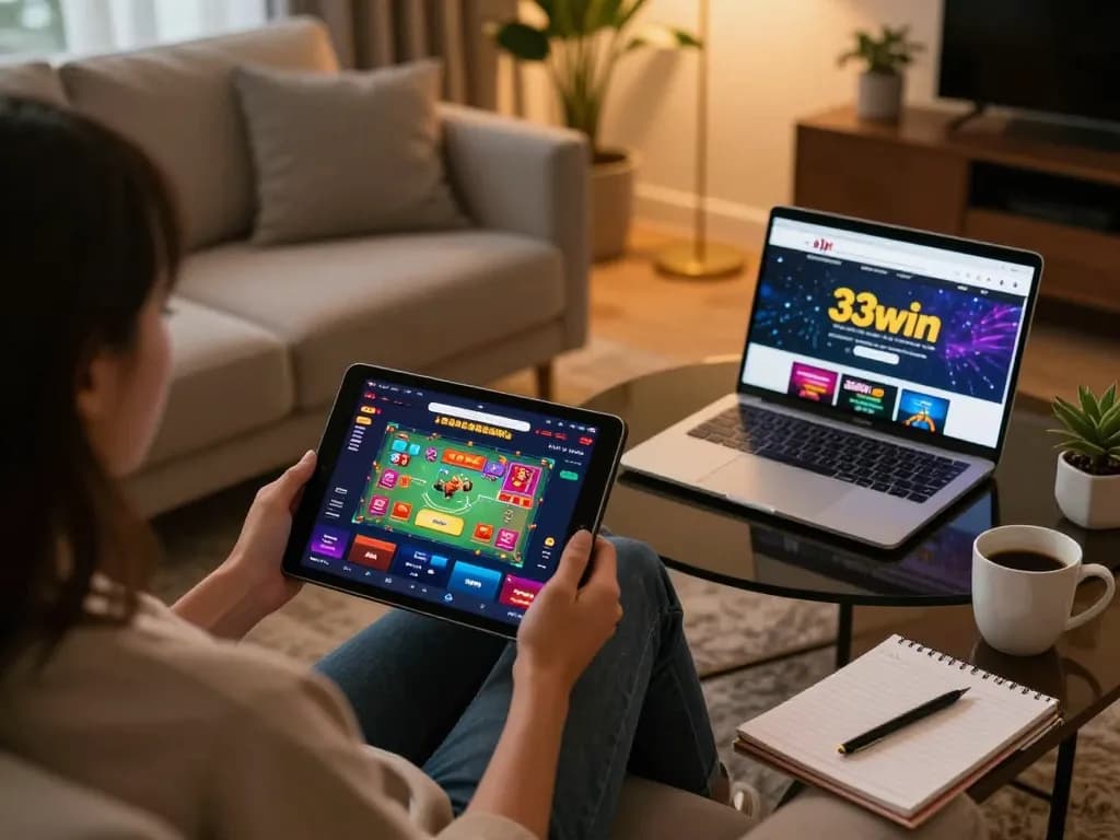 Engaged player exploring 33win app on tablet surrounded by notes and coffee in cozy home setup