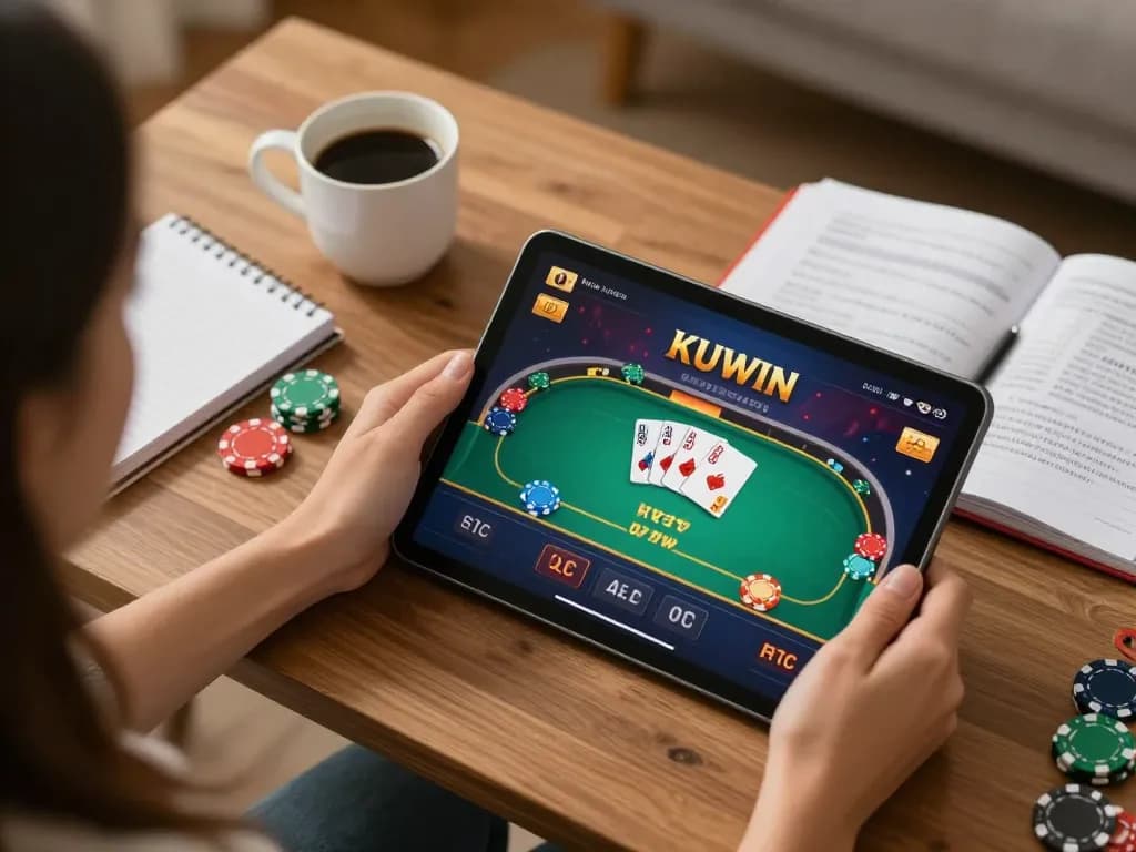 Engaging with the KUWIN casino app for online poker, showcasing dynamic gameplay elements and strategic notes.