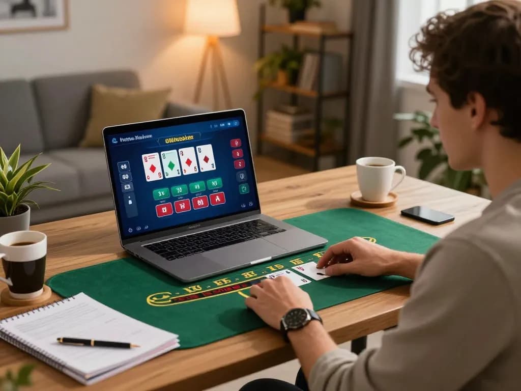 Lucky player immersing in online blackjack at home, showcasing nhacaiuytinn gaming strategy in action.