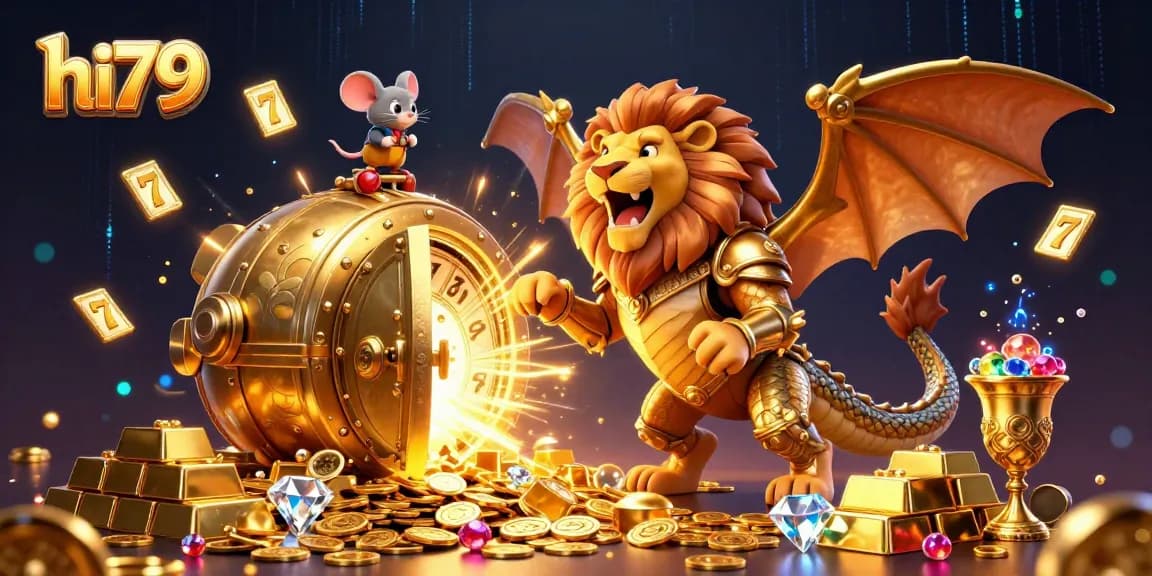 hi79 showcases thrilling casino action with a vibrant chimera and treasure, inviting players to win.