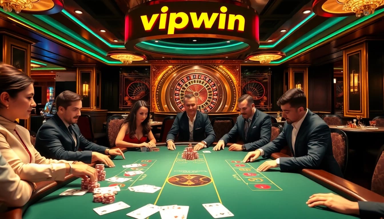 Experience the excitement of vipwin at a glamorous casino poker table, featuring colorful chips and cards.