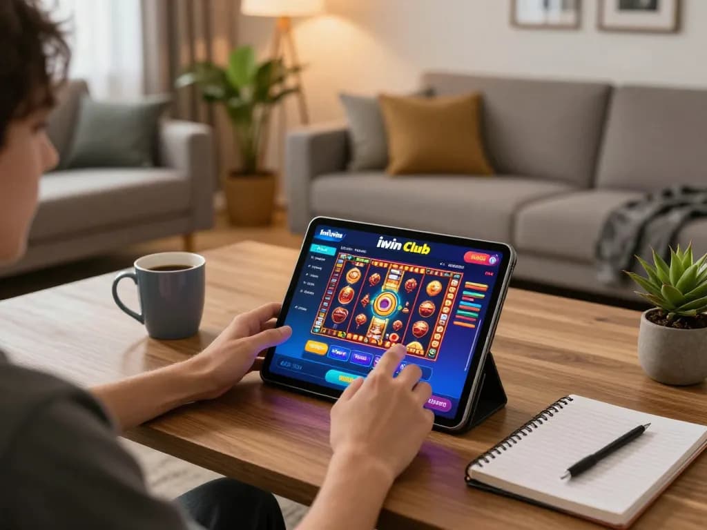 Gamer enjoying the iwin club app with vibrant slot games on a cozy tablet in a stylish living room