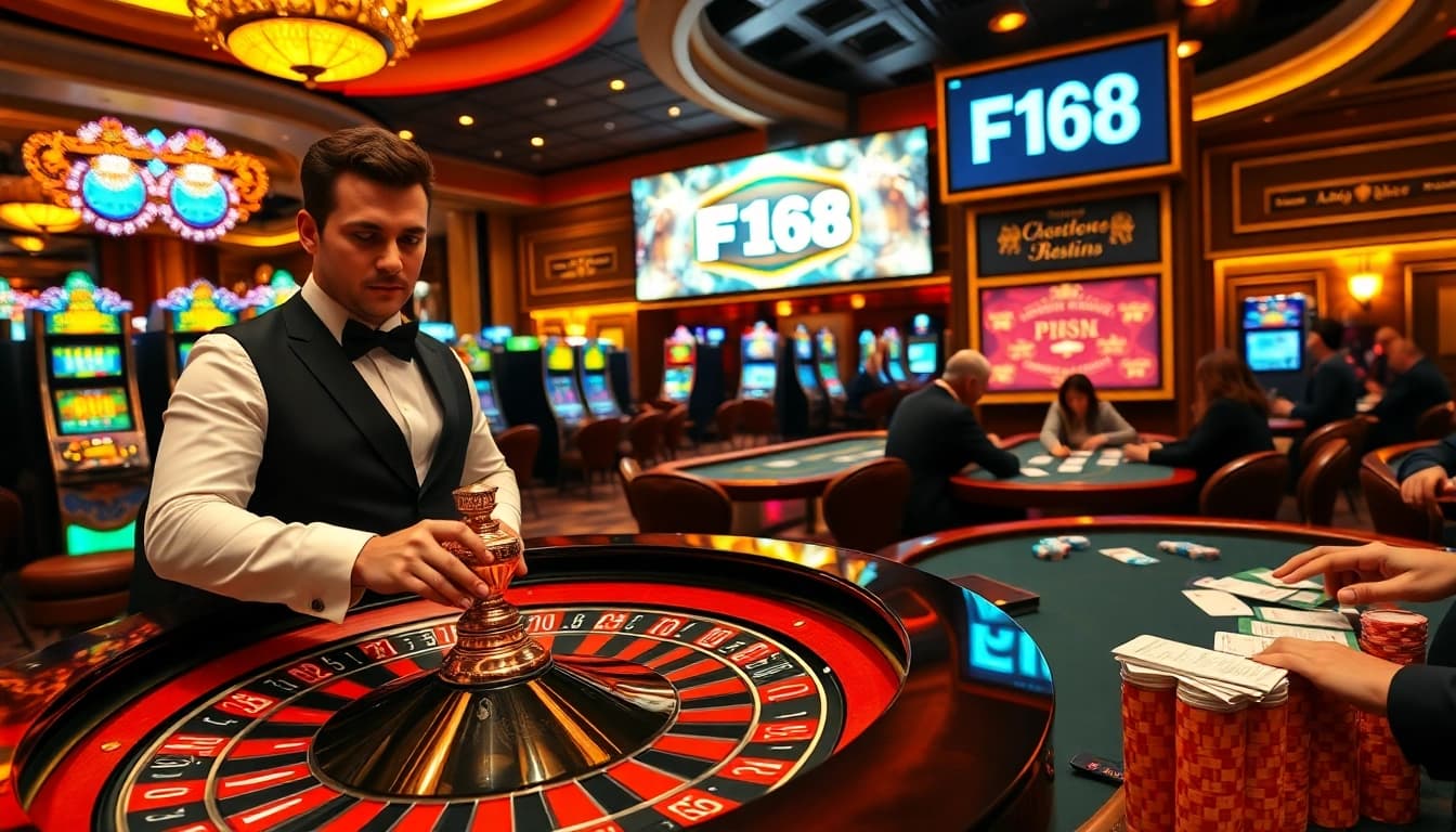 Experience high-stakes gaming at F168 casino with roulette, poker chips, and vibrant atmosphere.