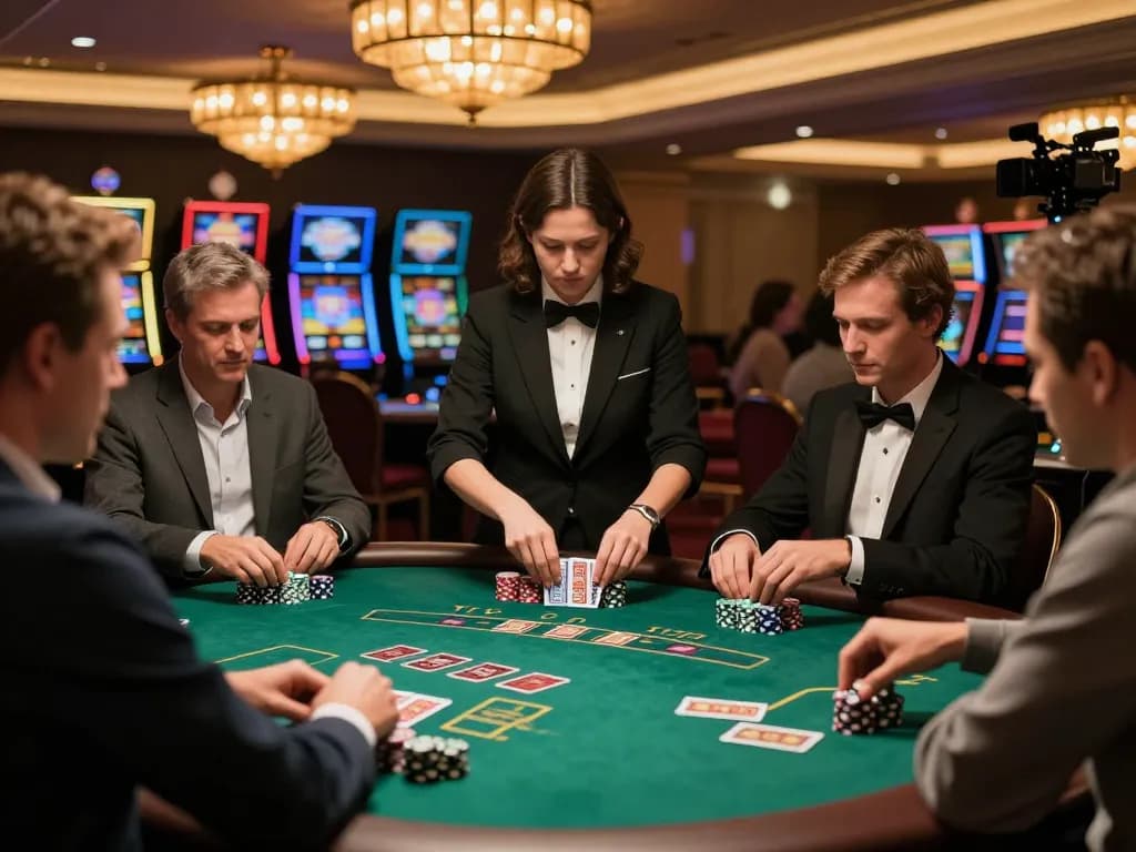 SOC88 players engaged in a blackjack game at a luxurious casino table, dynamic gameplay in action
