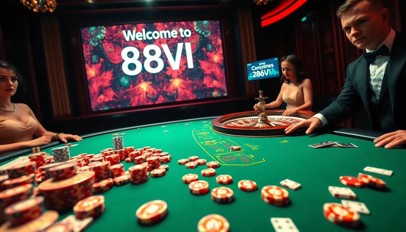 Experience high-stakes gaming at 888VI with a vibrant casino atmosphere featuring poker tables and roulette.