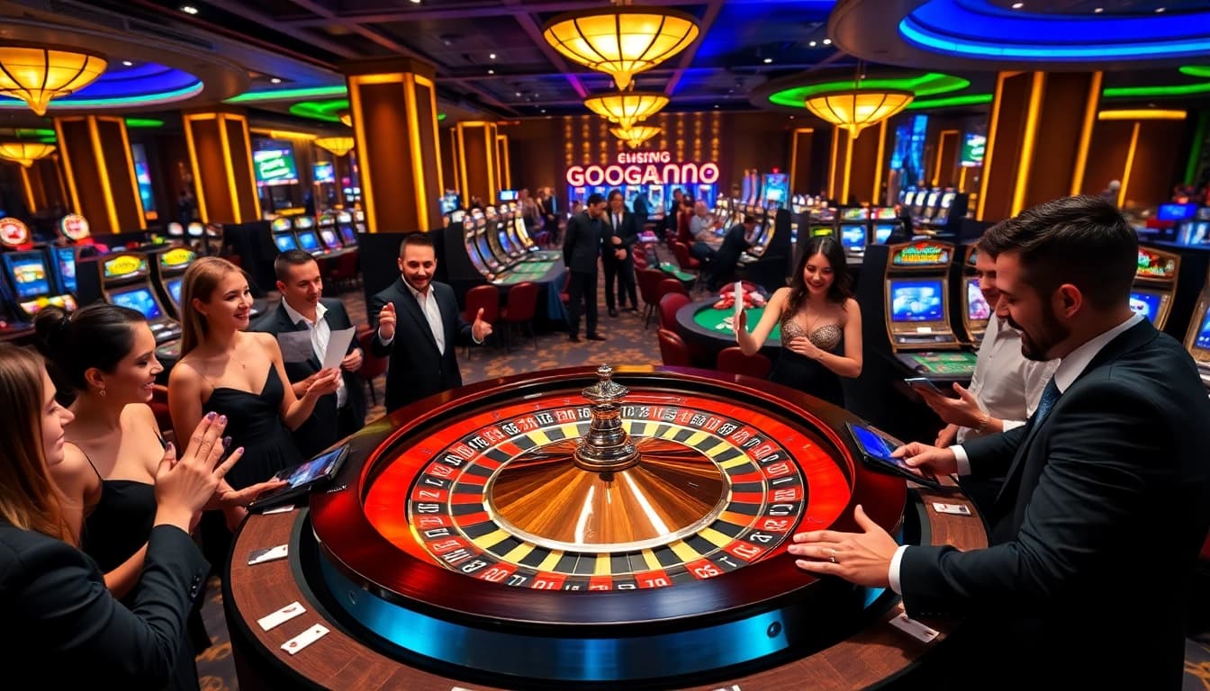 Join the excitement at the go 88 casino scene featuring roulette, poker chips, and vibrant players.