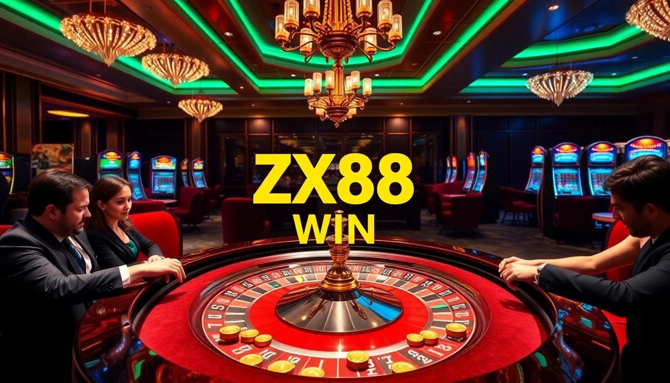Exciting casino atmosphere showcasing ZX88 WIN with luxurious roulette table and vibrant lighting.