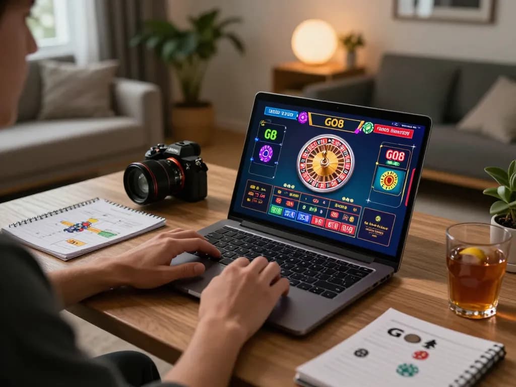 Player enjoying GO8 online casino games at a cozy home setup with strategic notes and vibrant game screen