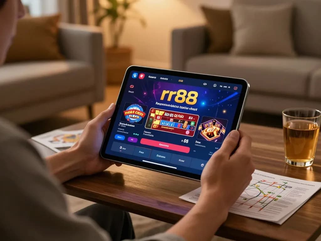 Player engaging with nhà cái rr88 app on tablet in a cozy home setup