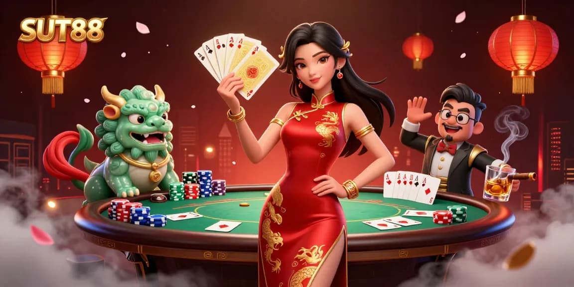 SUT88 players enjoy a rich casino experience, featuring vibrant elements like cards, chips, and a queen character.