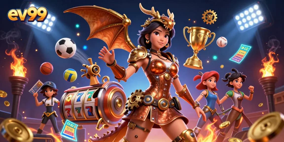 Experience thrilling casino action with ev99 as vibrant sports balls and slot reels come alive.