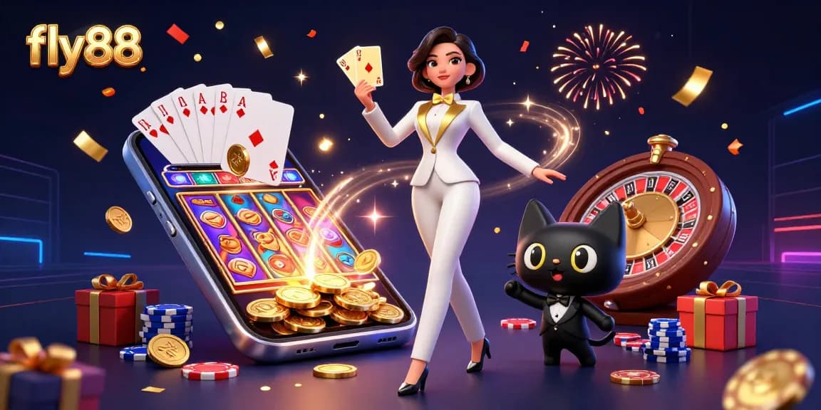 Experience the excitement of fly88 with a glamorous woman and a cat amidst golden casino elements.