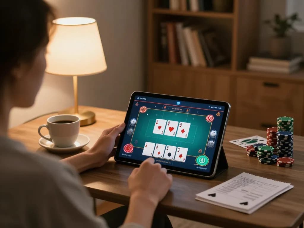 Person enjoying online poker gameplay on xin88 com at home, surrounded by strategic notes and warm light.