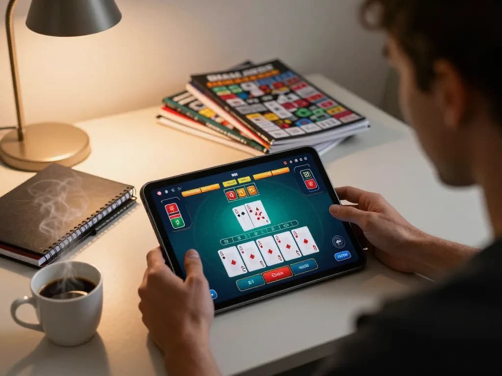 Fly88 trang chủ showing an engaged player enjoying a strategic blackjack game on their tablet at home