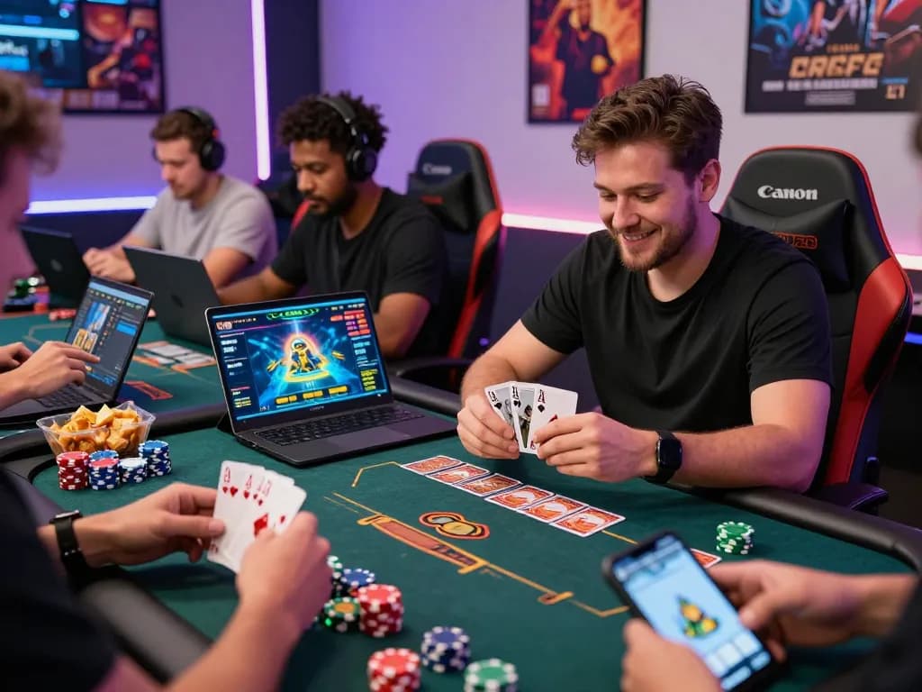 Exciting online gambling scene showcasing players engaged in Rikvip card games with colorful chips and vibrant graphics.