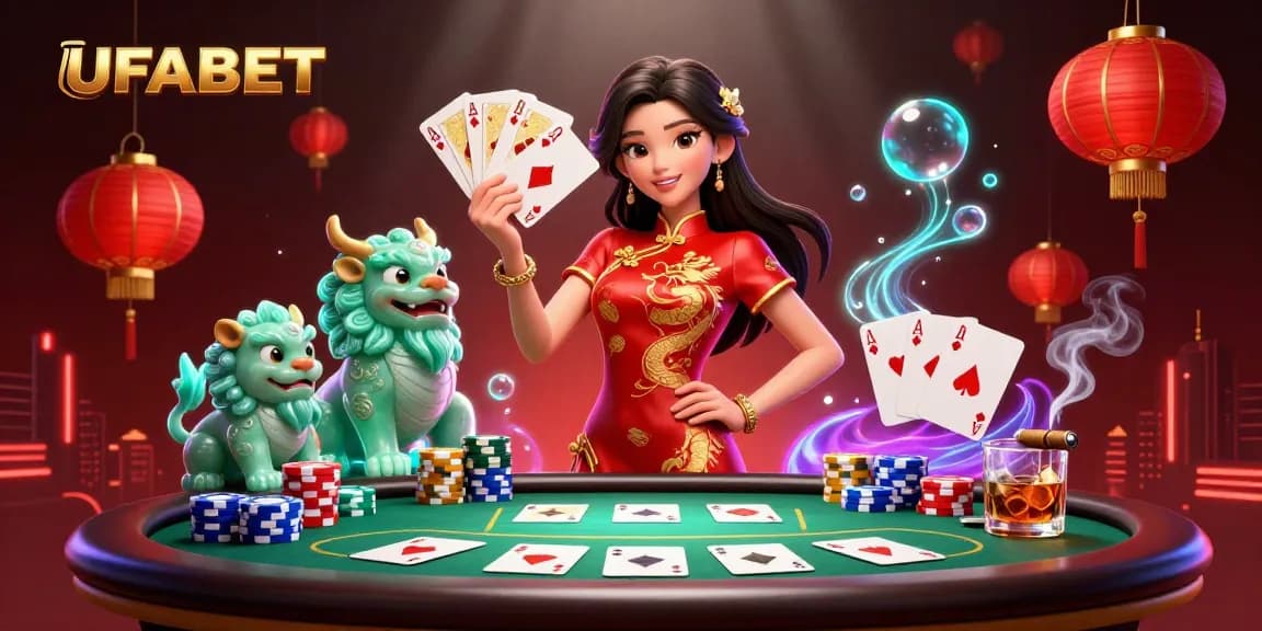 Experience UFABET's dynamic casino gaming scene with vibrant cards, chips, and elegant characters.