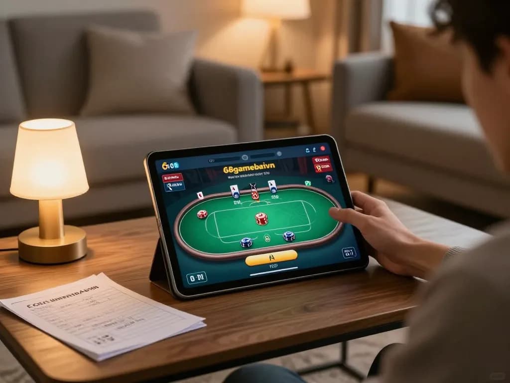 Engaging with 68gamebaivn on a tablet while enjoying a cozy home gaming atmosphere.