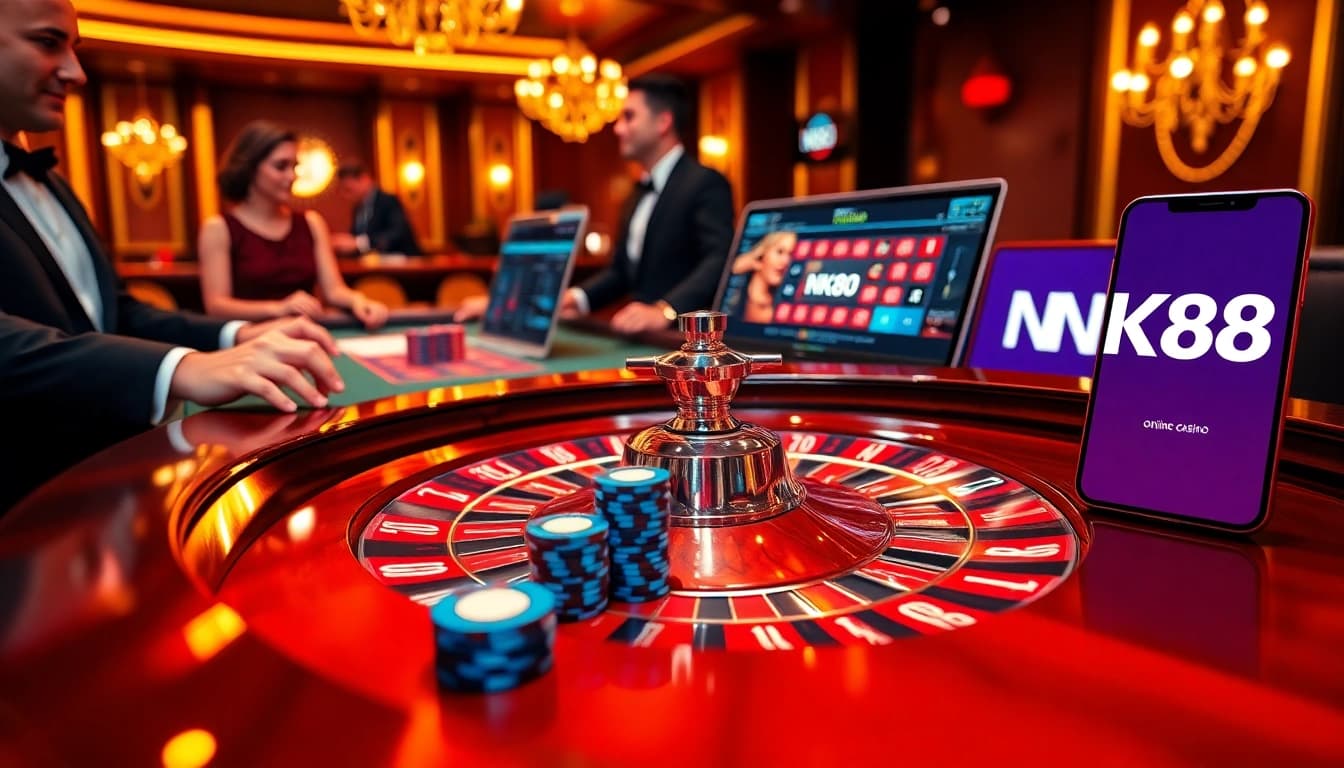 Winning at NK88 casino table with colorful chips and eager players in a dynamic gaming atmosphere.