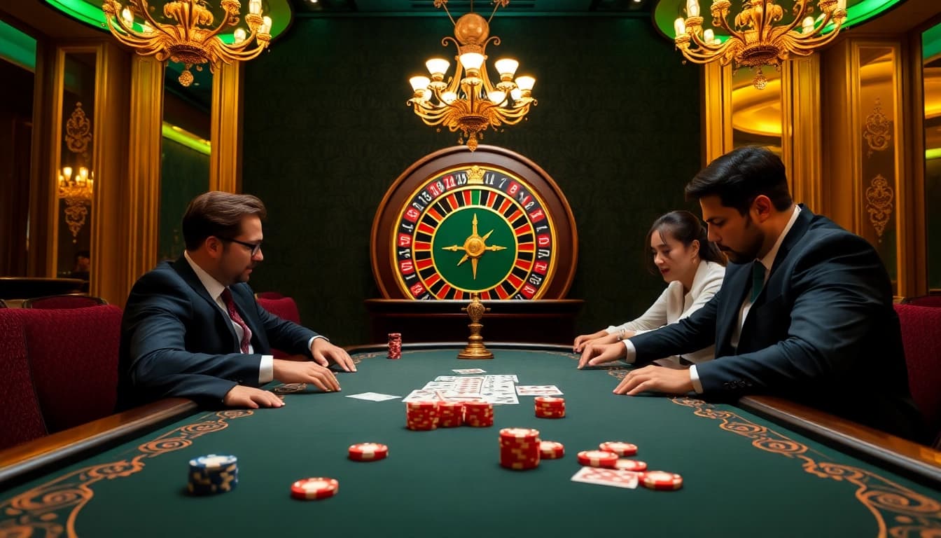 Experience the thrill of poker at 9BET with a luxurious casino backdrop and high stakes.
