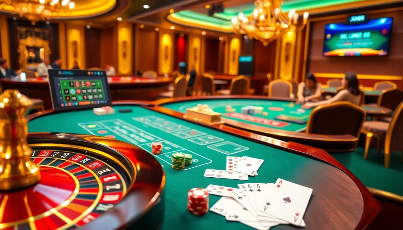 Experience the thrill of Jun88.now with a vibrant online casino featuring poker tables and roulette wheels.