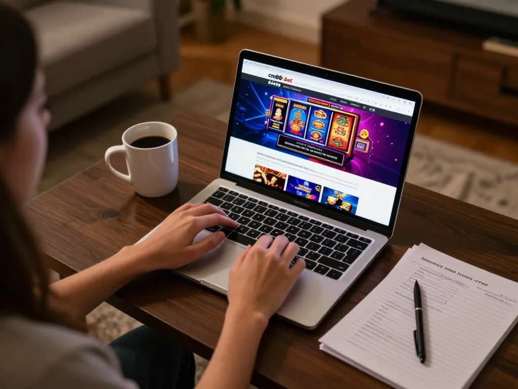 Engaged online gambler enjoys cm88-bet with laptop displaying vibrant casino graphics and betting strategies