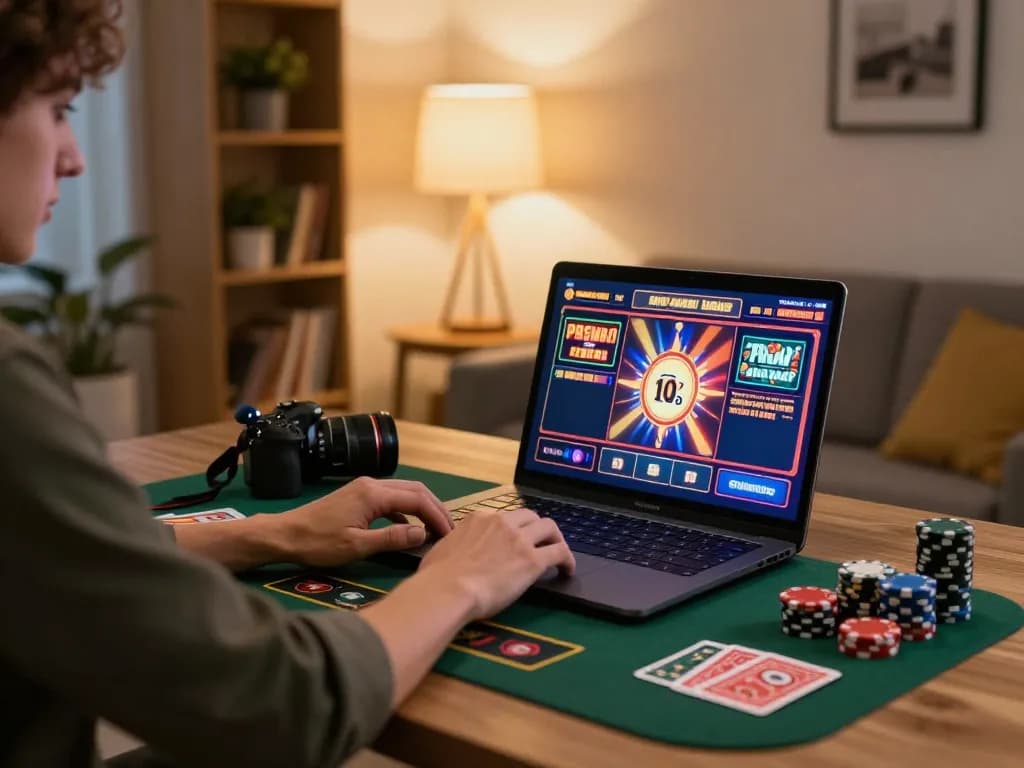 Enjoying strategic online gaming at home with FIVE88 slot machine interface displayed on laptop.