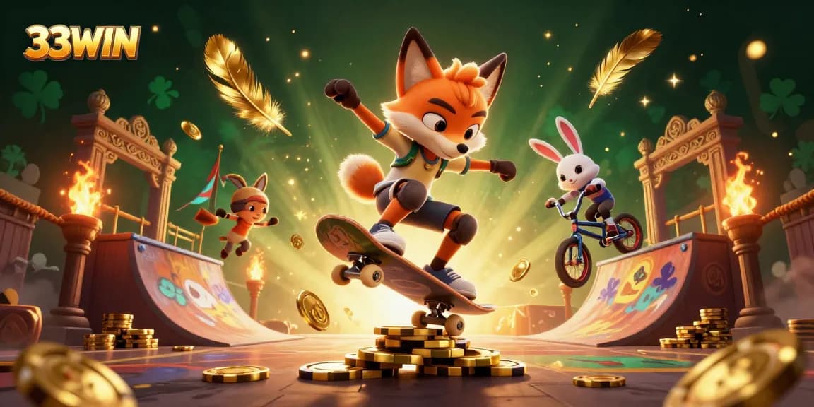 33WIN introduces dynamic casino gameplay with a 3D skateboarder fox and BMX rabbit in an exciting scene.