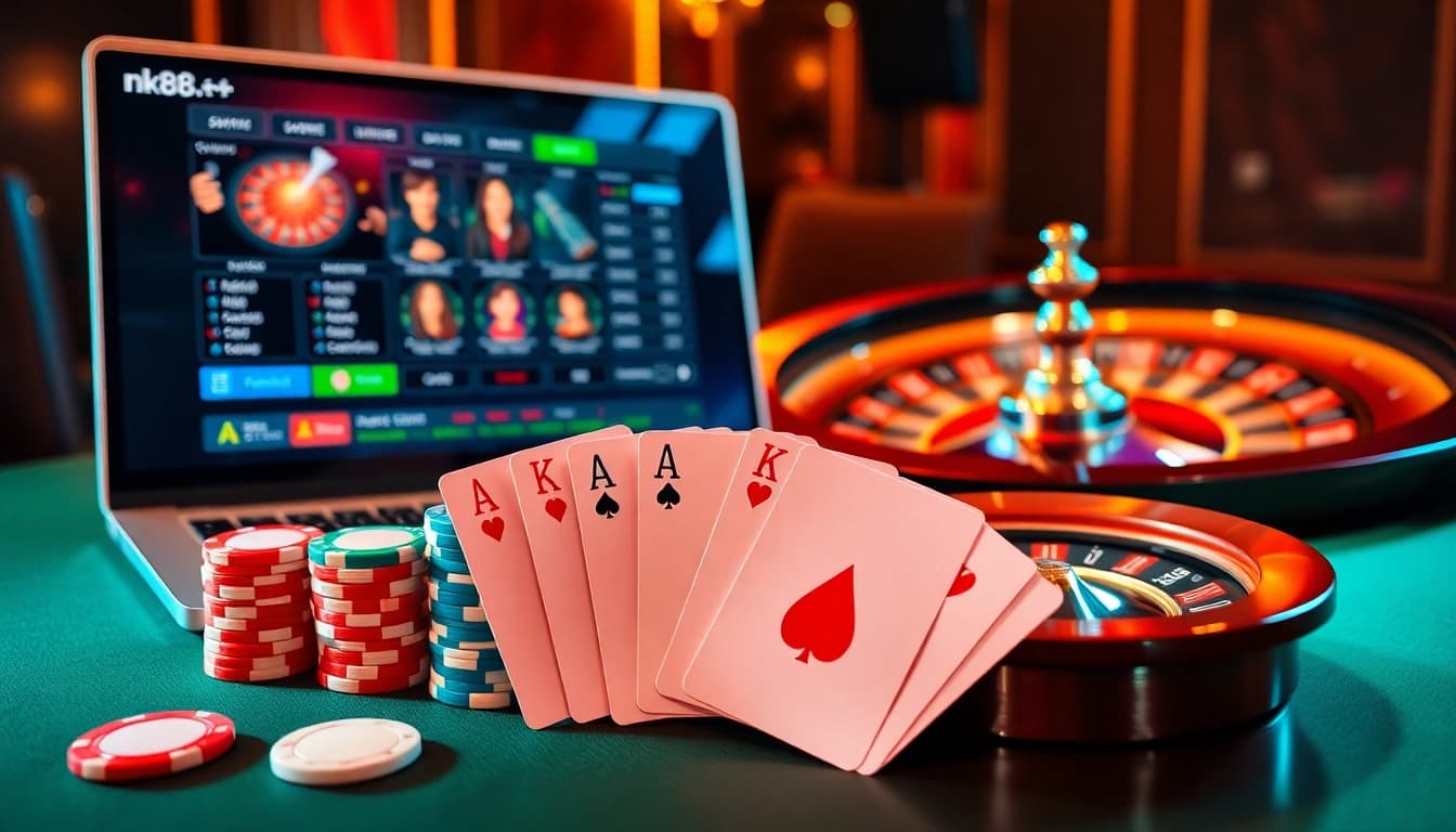 Experience excitement at nk88 with vibrant casino tables, poker chips, and roulette wheels.