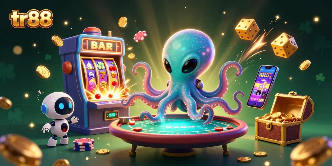 Experience thrilling gaming with tr88 in a vibrant 3D casino illustration featuring an octopus and robot.