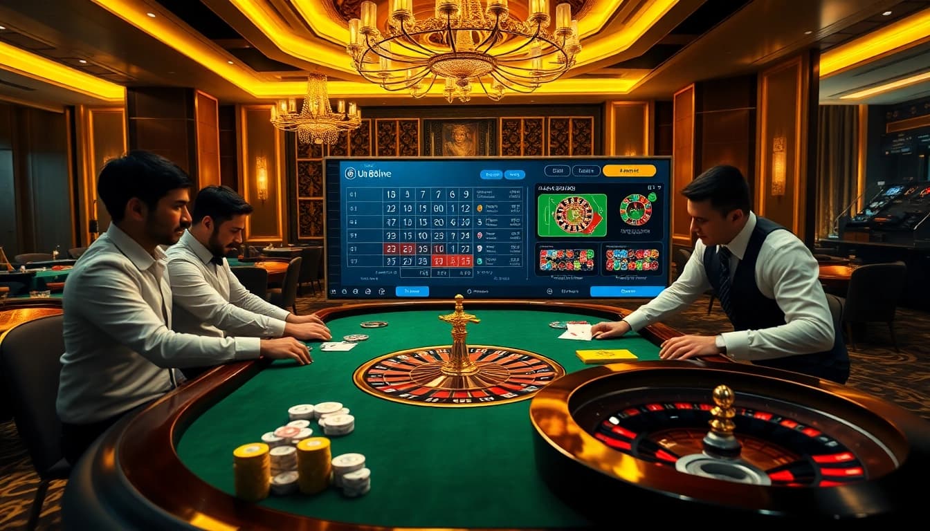 Gamblers enjoying a thrilling game at uu88vn.com, showcasing poker chips and cards.