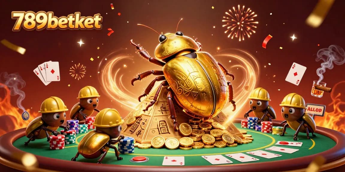 Experience excitement at 789betket with a vibrant scene of golden beetles bustling at a casino.