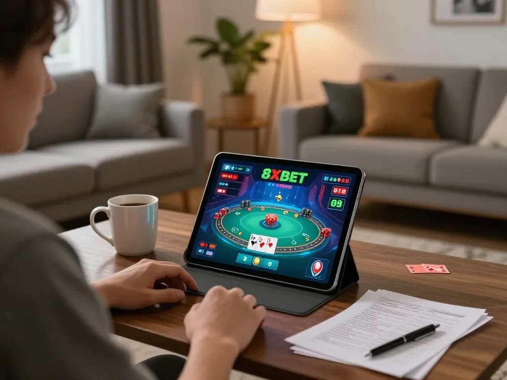 Player actively engaging with 8xbet app on tablet, enjoying an online casino experience at home.