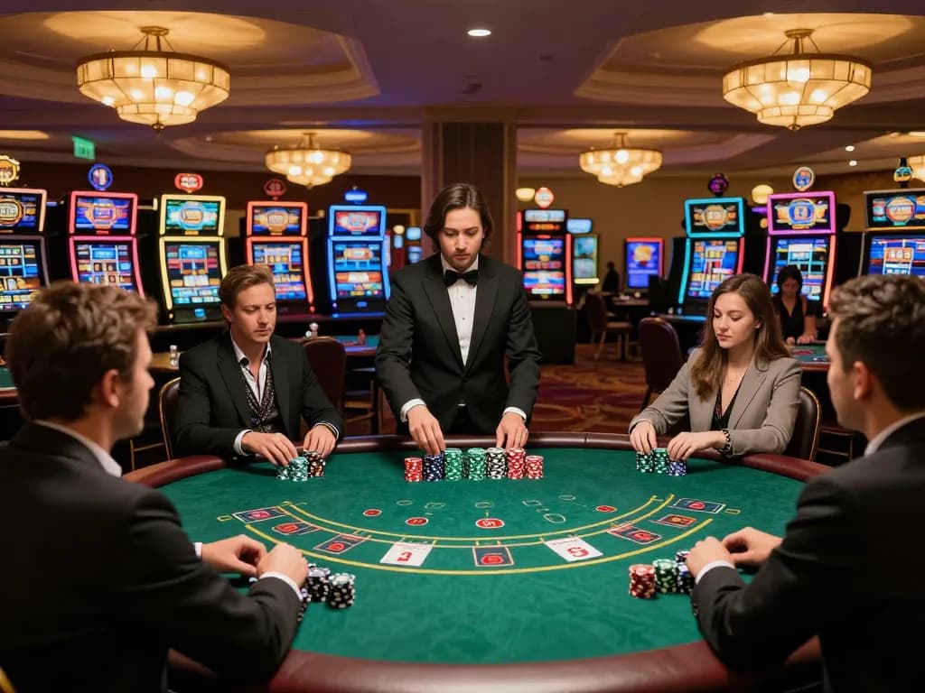 Players strategizing in a live casino Blackjack game at u888 with elegant decor