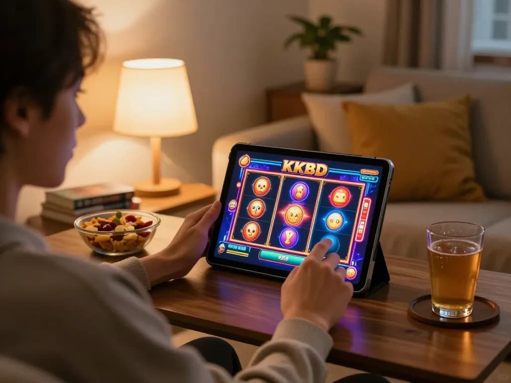 Engaging in online slots at KKBD Casino with vibrant graphics in a cozy home setting.