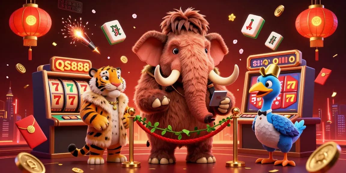 Experience the excitement with QS888 at a lively casino featuring a woolly mammoth bouncer and VIP guests.