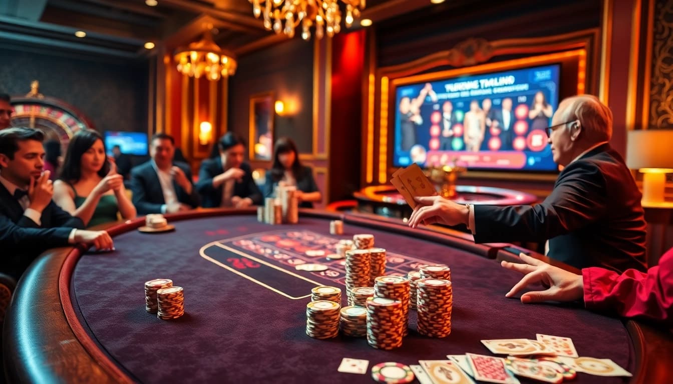 Players enjoying baccarat at an upscale casino table, showcasing XX88's thrilling atmosphere