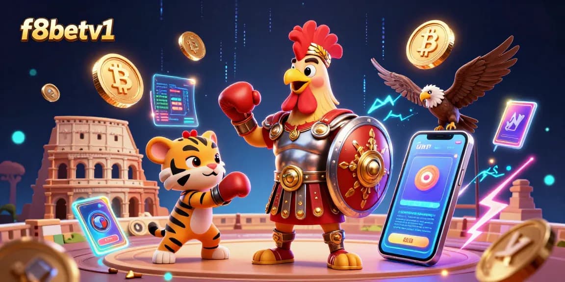 Engage in thrilling bets with f8betv1, featuring dynamic 3D illustrations of a gladiator rooster in a vibrant casino arena.