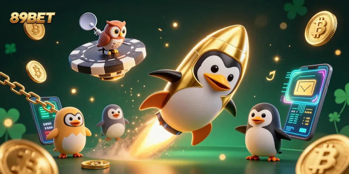 Experience the excitement of 89BET as a golden penguin zooms toward a poker chip casino!