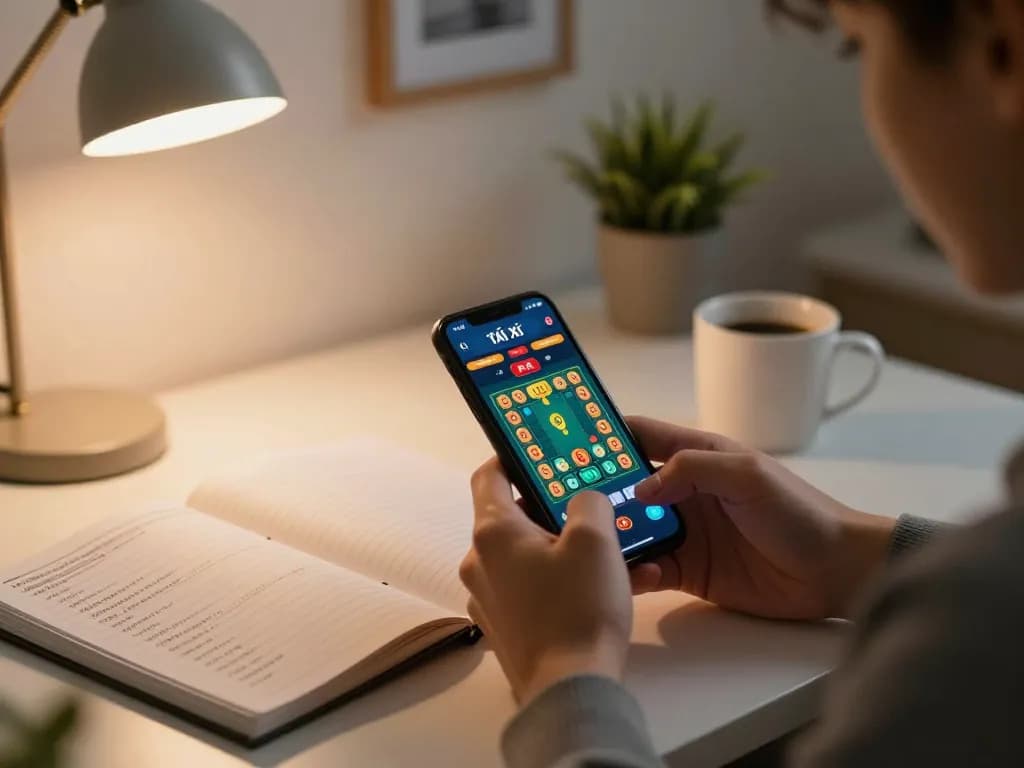 Tài Xỉu online gaming session on smartphone with strategic notes at home workspace