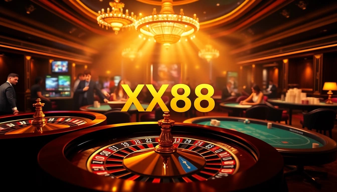 Experience the thrill of winning with XX88 at a luxurious casino setting, featuring roulette and poker.