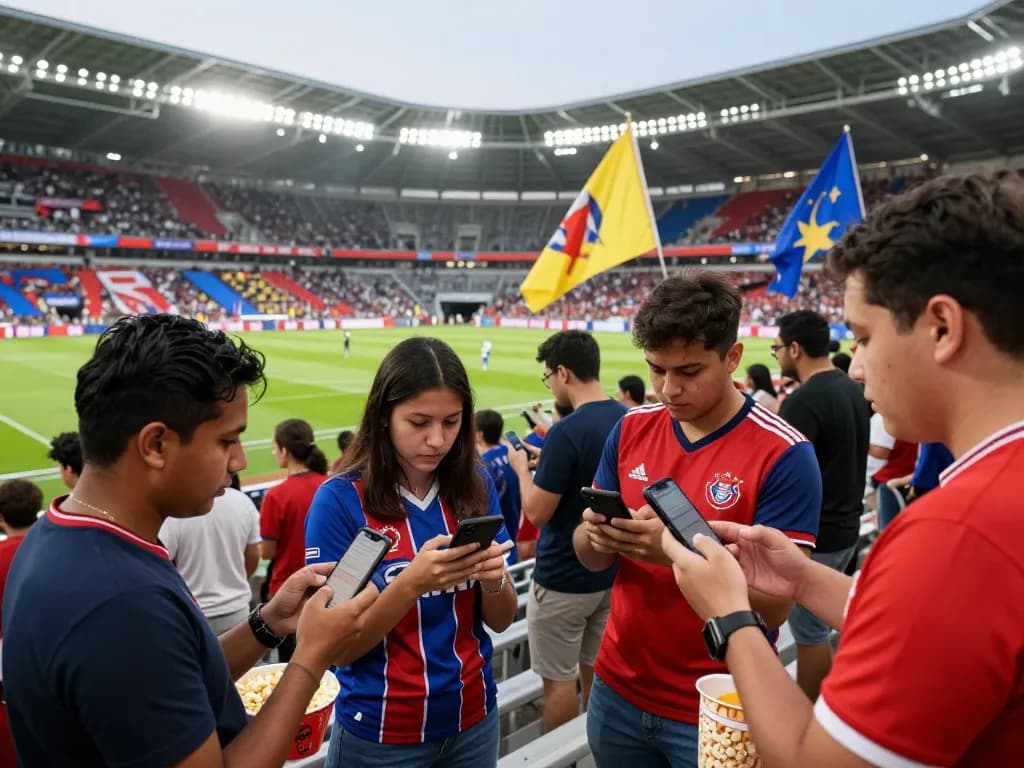 Fans analyzing tỷ lệ kèo bóng đá at a football stadium with team jerseys and vibrant atmosphere.
