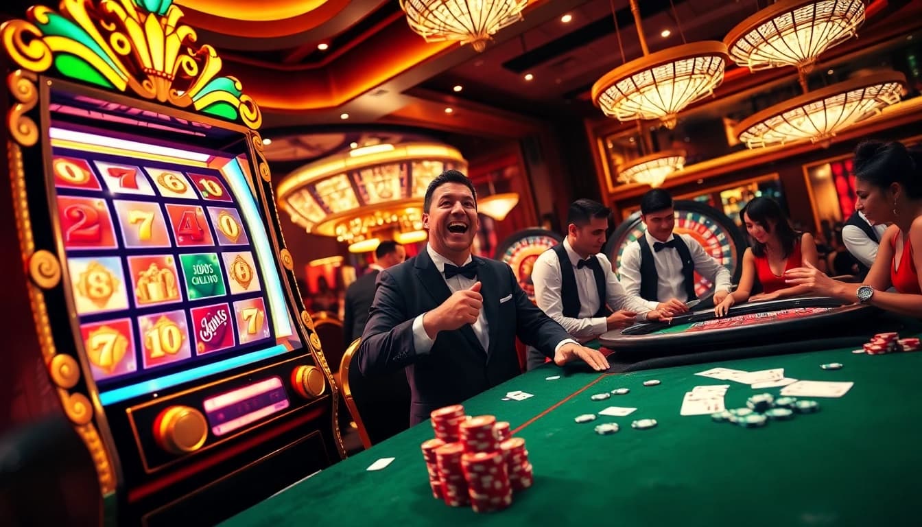 Engage in the thrilling experience at https://nohu90.pink/ with vibrant slot machines and eager gamblers at the casino tables.