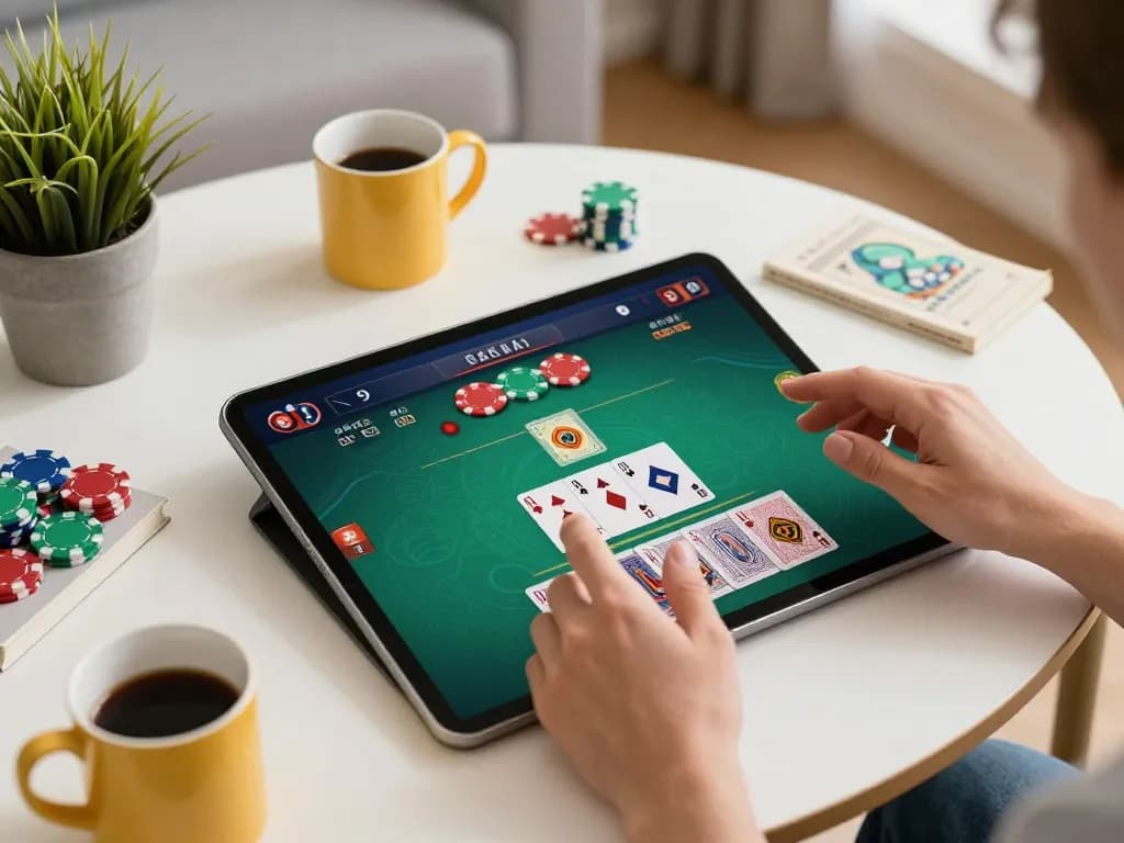 Engaged player enjoys HIT CLUB poker game on tablet, showcasing strategic play in cozy home setting