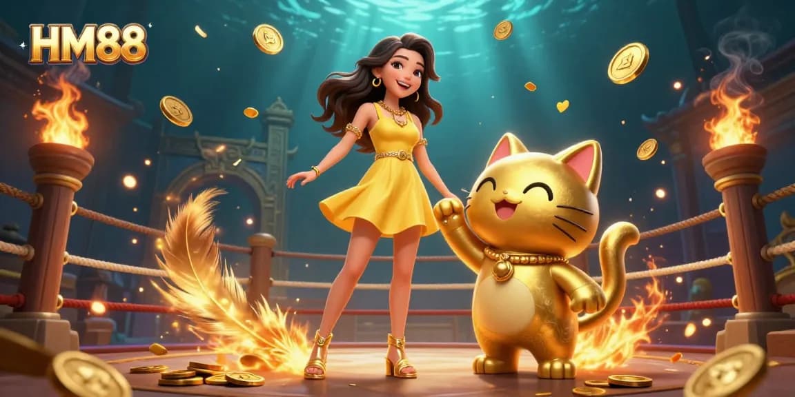 Capture the excitement of HM88 as a joyful Asian woman interacts with a golden lucky cat, swirling around engaging casino elements.